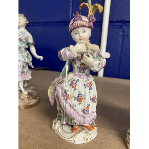 419 - Meissen figures, young girl carrying a toy lamb decorated in coloured enamels, crossed swords to bas... 