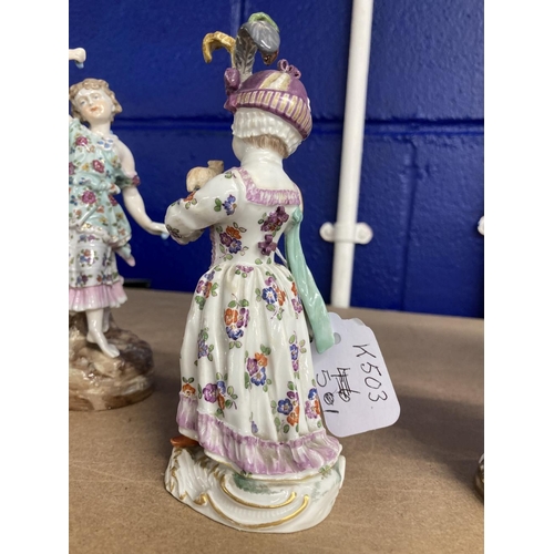 419 - Meissen figures, young girl carrying a toy lamb decorated in coloured enamels, crossed swords to bas... 