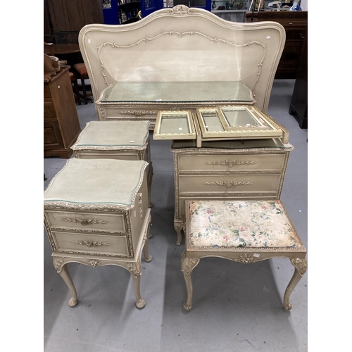 42 - 20th cent. Painted bedroom suite, two drawer dressing table with shaped top moulded edge the drawers... 