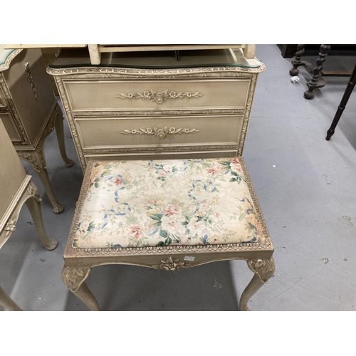 42 - 20th cent. Painted bedroom suite, two drawer dressing table with shaped top moulded edge the drawers... 