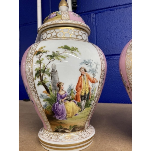 421 - 20th cent. German ovoid vase and cover, figure painted panel, with pink ground floral panels and gil... 