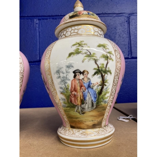 421 - 20th cent. German ovoid vase and cover, figure painted panel, with pink ground floral panels and gil... 