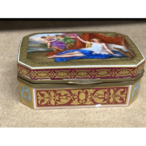 434 - Late 19th cent. Vienna porcelain box with canted corners decorated with Diana the Huntress, the base... 