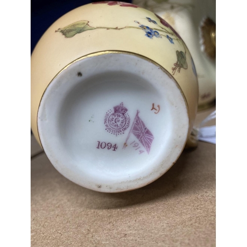 444 - Royal Worcester: Porcelain small jug gilt handle decorated with flowers, marked Royal Worcester Engl... 