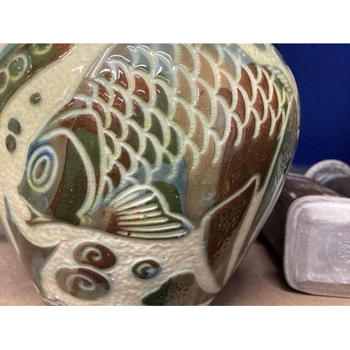 448 - West Country Pottery: Lauder Barum puzzle jug fish and seaweed decoration, inscribed to base Lauder ... 