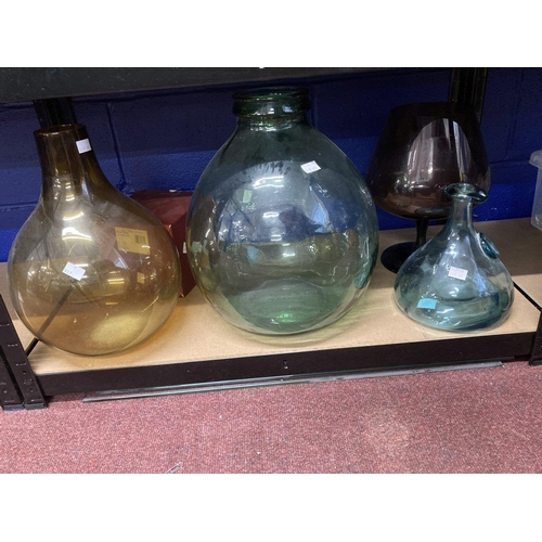 462 - 20th cent. Glass: Green glass Birossa gaslight 18ins, amber bulbous shape bottle 15ins, blue decante... 