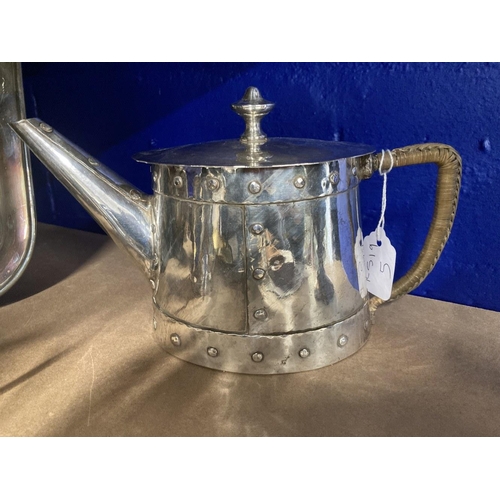 469 - Arts & Crafts: Continental silver wash on copper riveted teapot 4¼ins, cream jug 4¼ins.