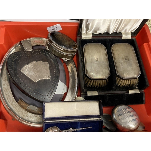 475 - Hallmarked Silver: Cased pair of engine turned hair brushes, snuff box, cribbage board with hallmark... 