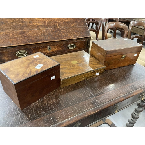 48 - 19th cent. Rosewood box and counters 12¼ins. x 6¼ins. x 6ins, a mahogany box with ebony stringing 8½... 