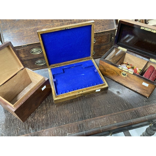 48 - 19th cent. Rosewood box and counters 12¼ins. x 6¼ins. x 6ins, a mahogany box with ebony stringing 8½... 