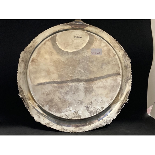 487 - Hallmarked Silver: Salver with gadrooned rim on bracket feet, makers Martin Hall & Co. Sheffield 190... 