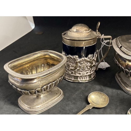 488 - Hallmarked Silver: Mustard pot tankard form with blue glass liner, London marks. Plus three white me... 