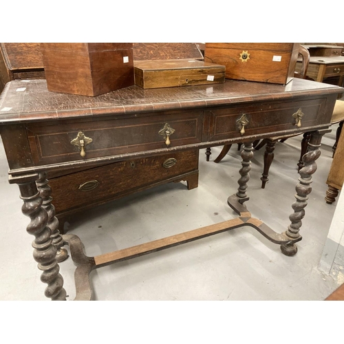 49 - 19th cent. Carolean reproduction hall table with twin drawers, brass teardrop handles on twist suppo... 