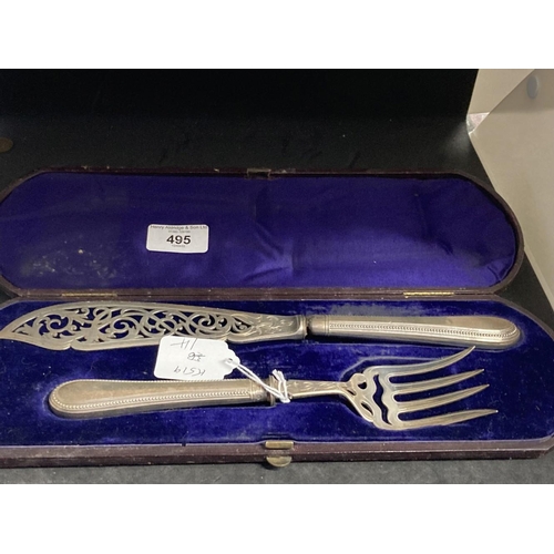 495 - Hallmarked silver: Victorian fish servers in fitted case with bead pattern handles hallmarked London... 