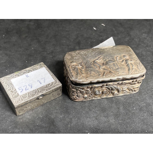 496 - Hallmarked Silver: Embossed box, hinged, hallmarked Birmingham. Plus a French silver engraved patch ... 