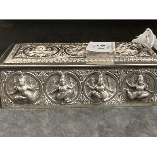 511 - Asian White Metal: Oblong trinket box decorated with repoussé roundels the Hindu Goddess, white meta... 