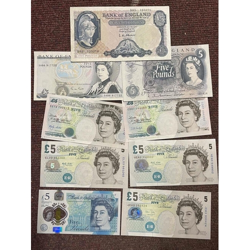 519 - Numismatics: Banknotes, GB. Collection of Mint Bank of England £5 note, one Churchill AK33, three El... 