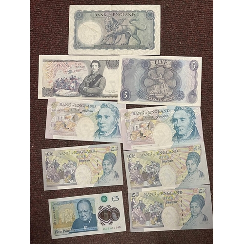 519 - Numismatics: Banknotes, GB. Collection of Mint Bank of England £5 note, one Churchill AK33, three El... 