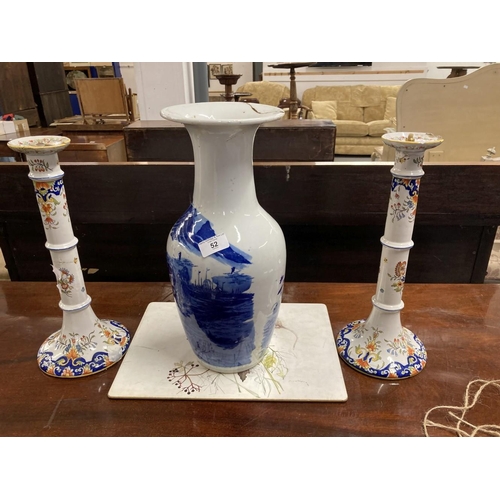 52 - Lamps: 19th cent. Chinese blue and white vase converted to a lamp. 15ins. Plus a pair of French Fain... 