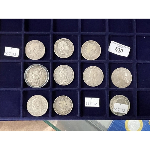 539 - Numismatics: Silver coins, Crowns. George III to George V, includes George III 1821 and 1819, George... 