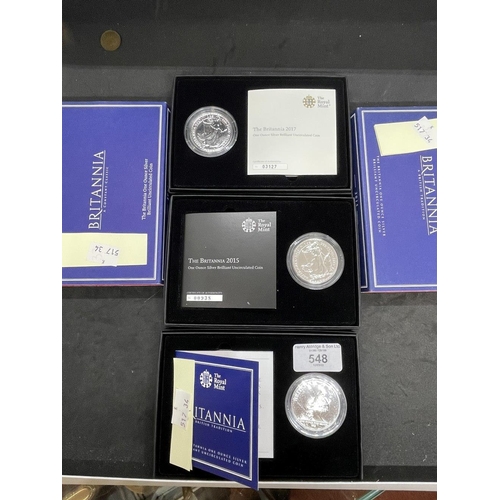 548 - Numismatics: The Royal Mint The Britannia 1oz silver brilliant uncirculated coin 2013, 2015, and 201... 