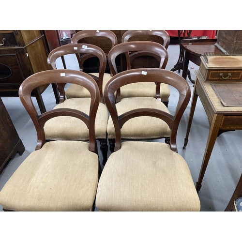 58 - Victorian mahogany balloon back dining chairs, upholstered seats on octagonal turned legs. (6)