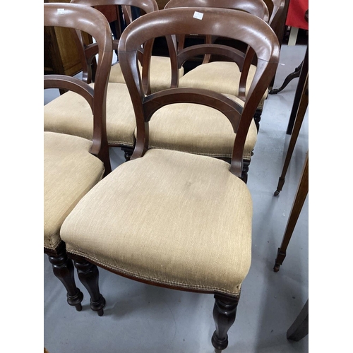 58 - Victorian mahogany balloon back dining chairs, upholstered seats on octagonal turned legs. (6)