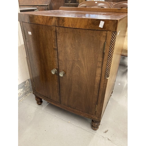 59 - 19th cent. Mahogany bow front dwarf cupboard the galleried top above two doors with cross banding, t... 