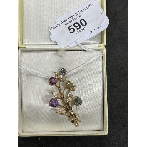 590 - Jewellery: Yellow metal leaf spray brooch set with sapphire, amethyst, zircon, spinel and garnet, es... 