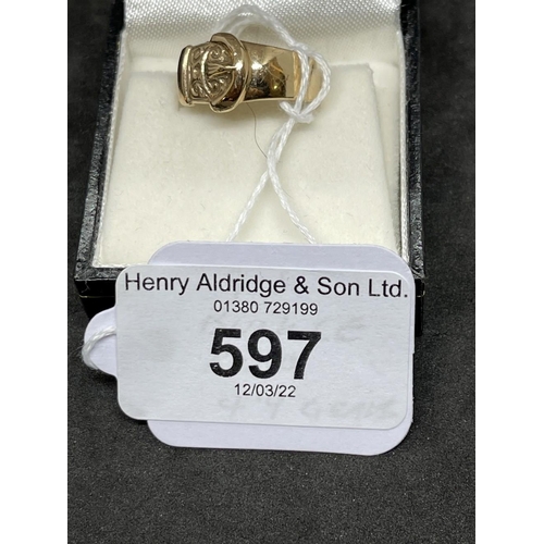 597 - Hallmarked Gold: 9ct gold buckle ring hallmarked London. Ring size O. Weight 4.9g.