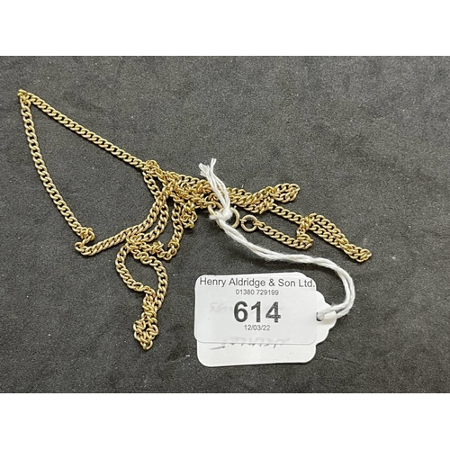 614 - Jewellery: Yellow metal necklet curb link chain with bolt ring fastener, tests as 9ct gold. Length 2... 