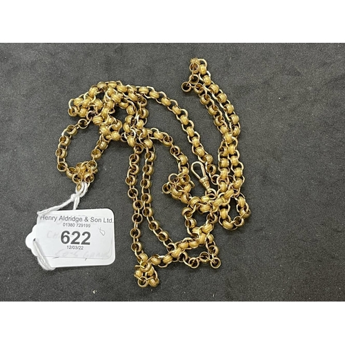 622 - Jewellery: Yellow metal necklet fancy belcher link chain with swivel fastener, tests as 18ct gold, p... 