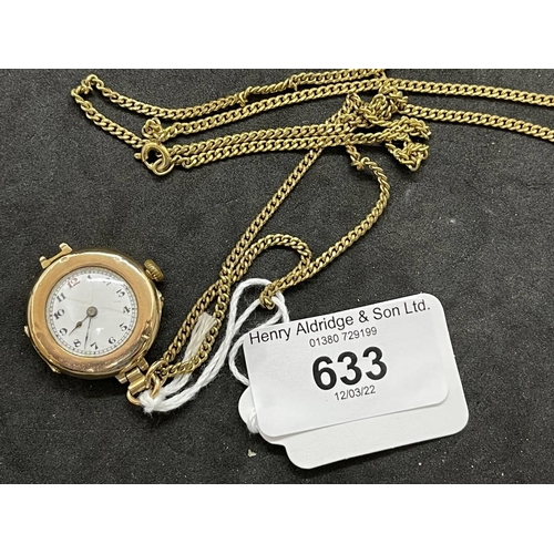 633 - Hallmarked Gold: 9ct ladies wristwatch pendant on fine yellow metal (plated) chain.