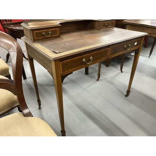 64 - Edwardian mahogany writing desk with satinwood crossbanding and boxwood stringing, raised galleried ... 