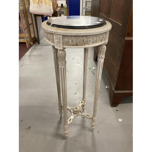 69 - Late 19th cent. Marble topped plant stand painted four fluted legs joined by a stretcher with a cent... 