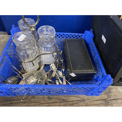 7 - 20th cent. Electroplate steel carving set in treen box, box condiment Staybrite fish knives and fork... 