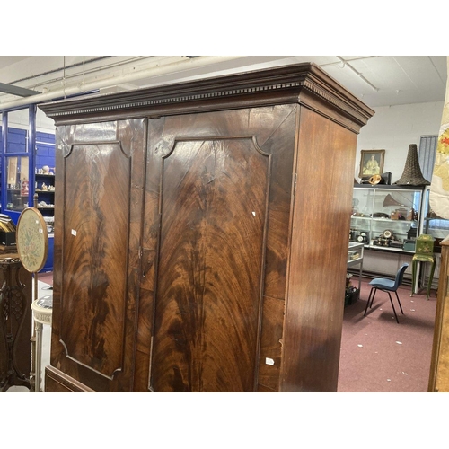 70 - 19th cent. Figured mahogany linen press with two over one drawer unit on bracket supports minus slid... 