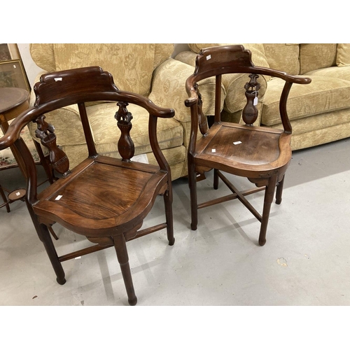 79 - 19th cent. Qing Dynasty pair of Chinese hardwood corner chairs the curved backs with two carved vase... 