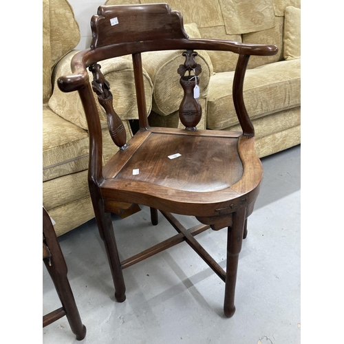 79 - 19th cent. Qing Dynasty pair of Chinese hardwood corner chairs the curved backs with two carved vase... 