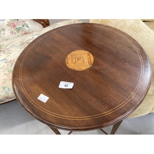 80 - Edwardian mahogany plant stand , the round top with central panel of satinwood and stringing on squa... 