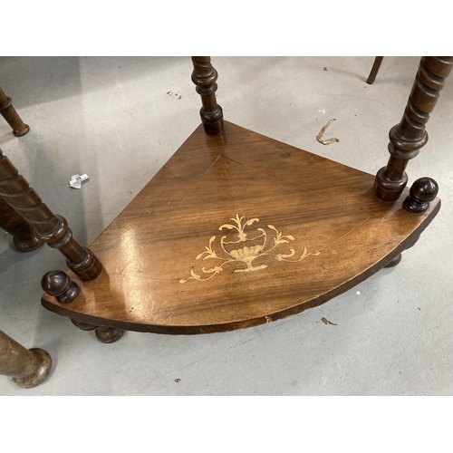 81 - Late 19th cent. Mahogany inlaid three tier corner whatnot. 38½ins. x 18ins. x 12ins.