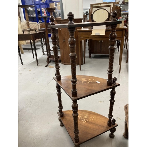 81 - Late 19th cent. Mahogany inlaid three tier corner whatnot. 38½ins. x 18ins. x 12ins.