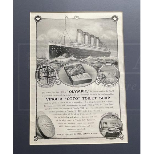 112 - WHITE STAR LINE: R.M.S. Olympic Vinolia Soap advert. 9ins. x 12ins.