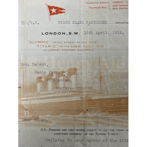 254 - R.M.S. TITANIC: Roberta Maioni Archive. Extremely rare correspondence from the White Star Line First... 