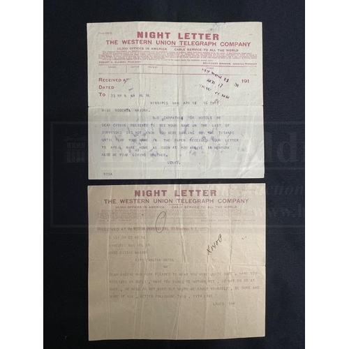 255 - R.M.S. TITANIC: Roberta Maioni Archive. A pair of Western Union telegrams dated April 16th and 19th ... 