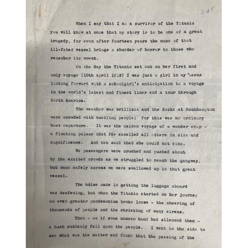 256 - R.M.S. TITANIC: Roberta Maioni Archive. Unique eight page typed account of Roberta's experiences on ... 