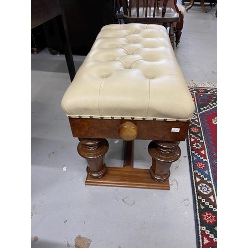 51 - 20th cent. Walnut duet piano stool with cream leather top, turned wooden knobs to the sides to adjus... 