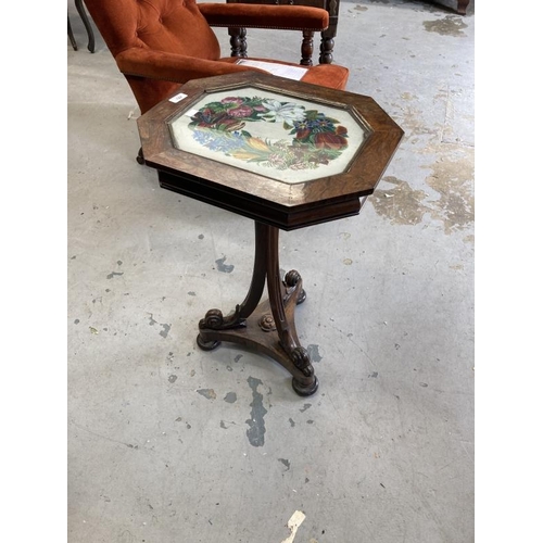 122 - 19th cent. Rosewood occasional table, the octagonal top with inlaid Berlin beadwork panel of flowers... 
