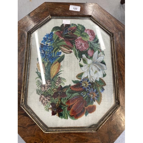 122 - 19th cent. Rosewood occasional table, the octagonal top with inlaid Berlin beadwork panel of flowers... 