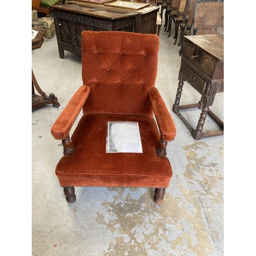 123 - Gillows: Late Victorian walnut framed button back library stuff over arms armchair, rear leg stamped... 